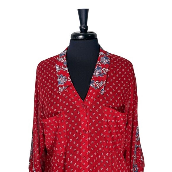 Free People Women’s M Red Bandana Paisley Easy Rider Sheer Chiffon Button Shirt - Picture 7 of 10